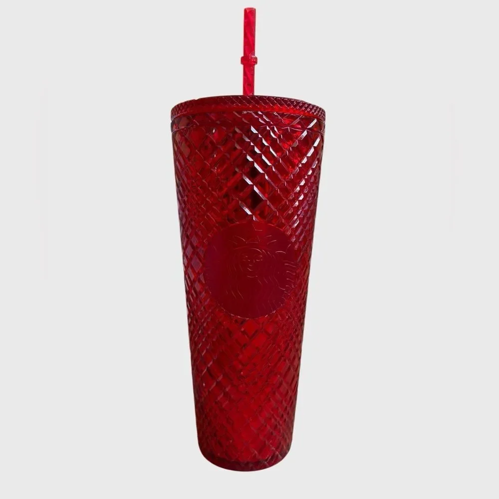 Starbucks 2021 Red Jeweled Holiday Tumbler Grid Textured Lid Straw Venti 24oz